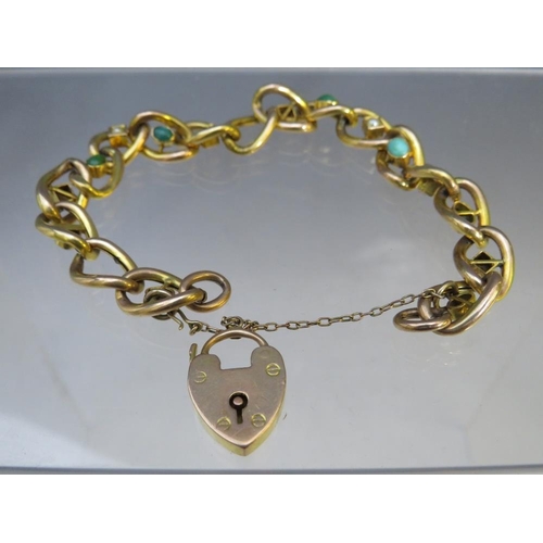 250 - A 15CT GOLD FANCY LINK BRACELET, with turquoise and seed pearl embellishment, stamped to heart shape... 