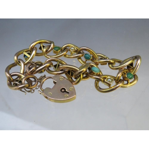 250 - A 15CT GOLD FANCY LINK BRACELET, with turquoise and seed pearl embellishment, stamped to heart shape... 