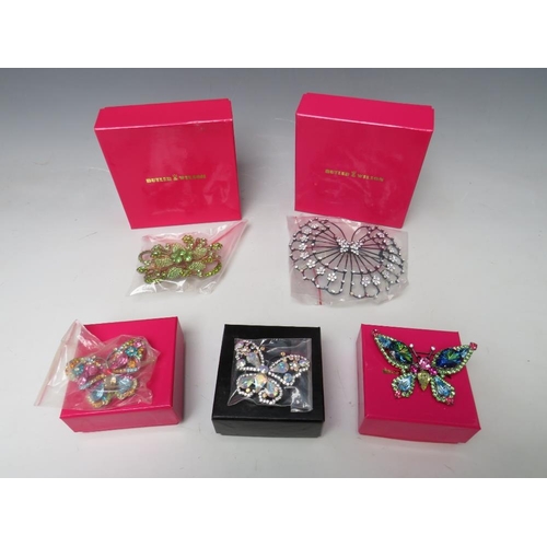 258 - A COLLECTION OF FIVE BUTLER AND WILSON JEWELLERY ITEMS, to include four butterfly themed brooches, l... 