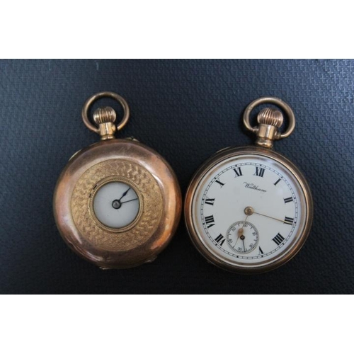 345 - A 14K CASED SMALL HALF HUNTER FOB WATCH, together with a gold plated Waltham example, Dia 3.25 cm (2... 