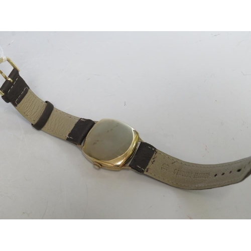351 - A VINTAGE RONE 9CT GOLD ART DECO STYLE WRIST WATCH, on leather strap, boxed, dial Dia. 2.5 cm