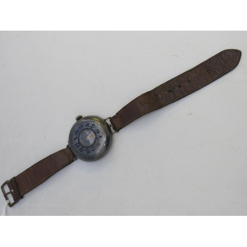 352 - A WW1 SILVER CASED HALF HUNTER TRENCH WRISTWATCH, with leather strap, visible dial Dia. .75 cm, case... 