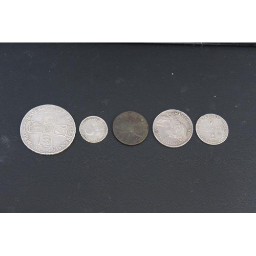 373 - WILLIAM III HALF CROWN 1697 (YORK MINT), shilling 1697, sixpence 1698 and farthing 1694, along with ... 