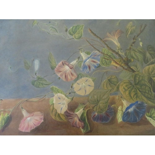 46 - (XIX). A still life study of flowers and foliage on a table, unsigned, watercolour, framed and glaze... 