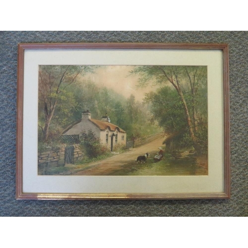 47 - ALBERT MILTON DRINKWATER (1862-1923). 'A Cumbrian Cottage', with figure and dog, see verso, signed l... 