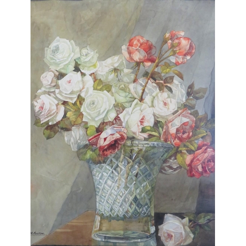 57 - REGINALD HARRY AUSTIN (1890-1955). Still life study of roses in a vase, signed lower left, watercolo... 