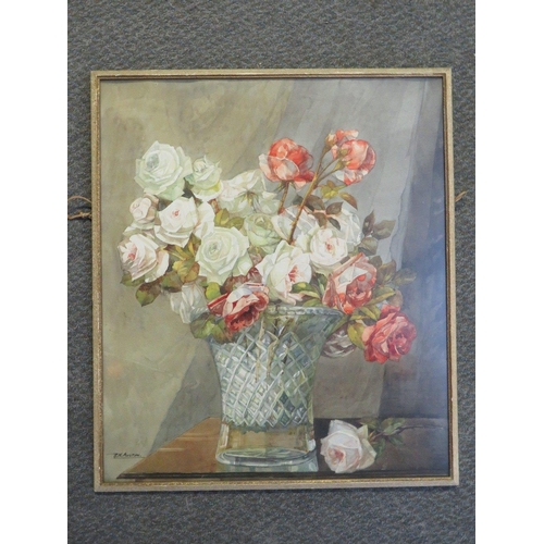 57 - REGINALD HARRY AUSTIN (1890-1955). Still life study of roses in a vase, signed lower left, watercolo... 