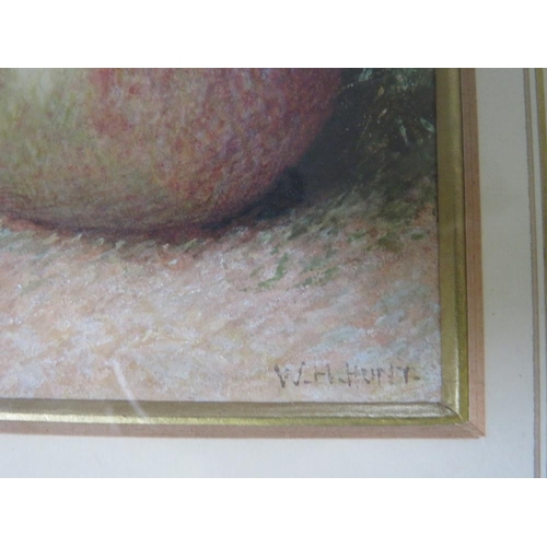 58 - W. H. HUNT (XIX-XX). Still life study of fruit on a mossy bank, signed lower right, watercolour, fra... 