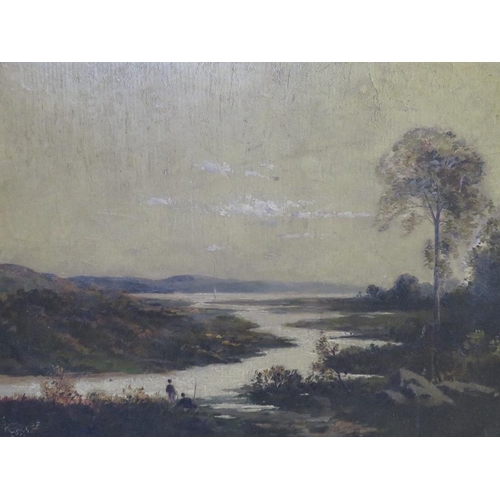 72 - (XIX-XX). British school, extensive wooded loch scene with anglers, unsigned, oil on board, framed, ... 