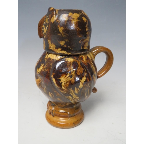 729 - A STUDIO POTTERY SLIPWARE OWL JUG AND COVER BY CAROLE GLOVER, signature to base, overall H 16.5 cm