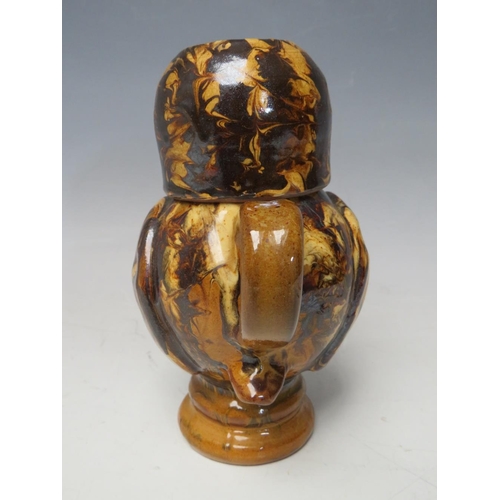 729 - A STUDIO POTTERY SLIPWARE OWL JUG AND COVER BY CAROLE GLOVER, signature to base, overall H 16.5 cm