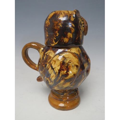 729 - A STUDIO POTTERY SLIPWARE OWL JUG AND COVER BY CAROLE GLOVER, signature to base, overall H 16.5 cm