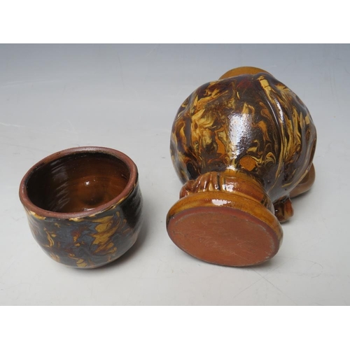 729 - A STUDIO POTTERY SLIPWARE OWL JUG AND COVER BY CAROLE GLOVER, signature to base, overall H 16.5 cm