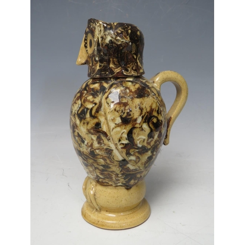 730 - A STUDIO POTTERY SLIPWARE OWL JUG AND COVER BY CAROLE GLOVER, signature to base, overall H 18 cm