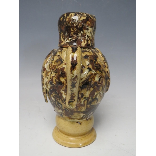 730 - A STUDIO POTTERY SLIPWARE OWL JUG AND COVER BY CAROLE GLOVER, signature to base, overall H 18 cm