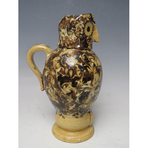 730 - A STUDIO POTTERY SLIPWARE OWL JUG AND COVER BY CAROLE GLOVER, signature to base, overall H 18 cm