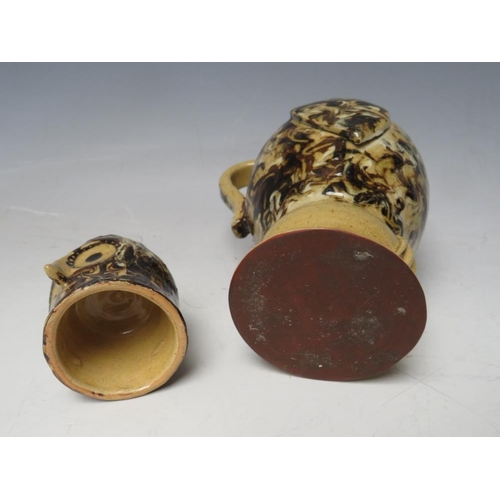 730 - A STUDIO POTTERY SLIPWARE OWL JUG AND COVER BY CAROLE GLOVER, signature to base, overall H 18 cm