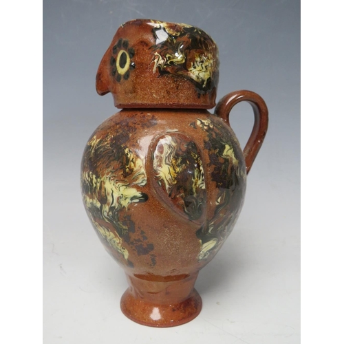 731 - A STUDIO POTTERY SLIPWARE OWL JUG AND COVER BY CAROLE GLOVER, signature to base, overall H 17.5 cm