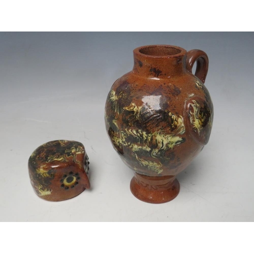 731 - A STUDIO POTTERY SLIPWARE OWL JUG AND COVER BY CAROLE GLOVER, signature to base, overall H 17.5 cm