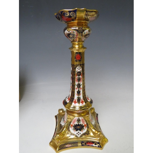 733 - A PAIR OF ROYAL CROWN DERBY IMARI PATTERN CANDLESTICKS, pattern no. 1128, H 26.5 cm