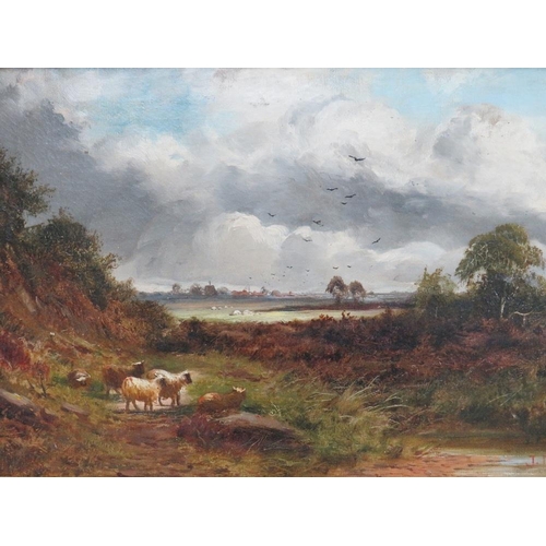 74 - J. MORRIS (XIX-XX). British school, stormy wooded landscape with sheep by a stream , village beyond,... 