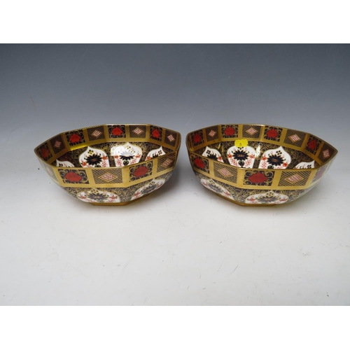 740 - A PAIR OF ROYAL CROWN DERBY IMARI PATTERN OCTAGONAL BOWLS, pattern no. 1128, Dia. 20.5 cm