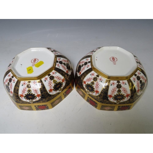 740 - A PAIR OF ROYAL CROWN DERBY IMARI PATTERN OCTAGONAL BOWLS, pattern no. 1128, Dia. 20.5 cm