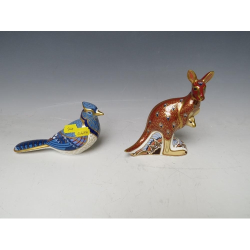 754 - A ROYAL CROWN DERBY KANGAROO PAPERWEIGHT WITH SILVER STOPPER, together with a Crown Derby bird paper... 