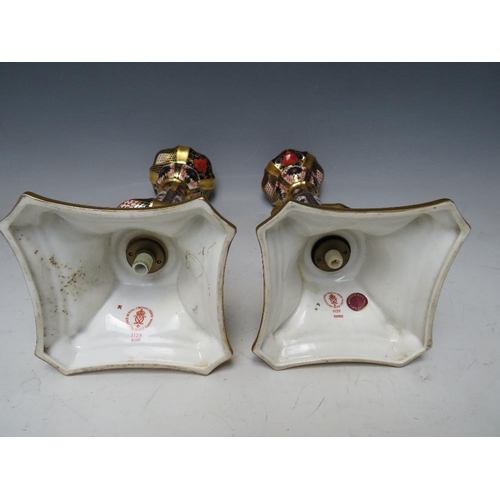 757 - A PAIR OF ROYAL CROWN DERBY OLD IMARI PATTERN CANDLESTICKS - ONE CANDLESTICK A/F, pattern no. 1128, ... 