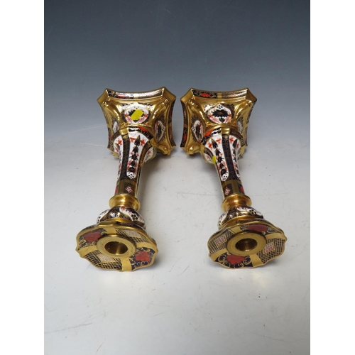 757 - A PAIR OF ROYAL CROWN DERBY OLD IMARI PATTERN CANDLESTICKS - ONE CANDLESTICK A/F, pattern no. 1128, ... 