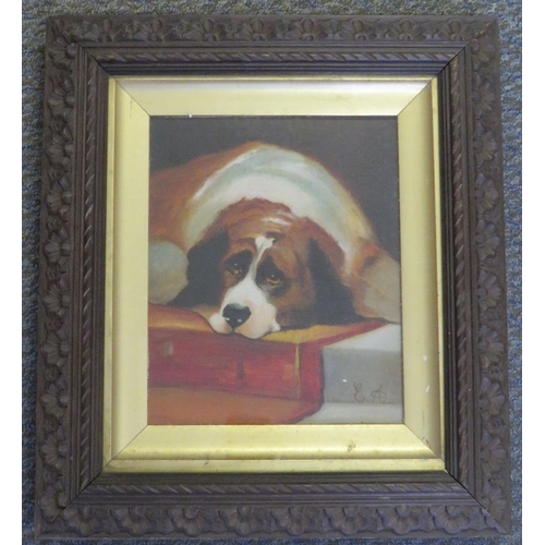 76 - E.A. Study of a dog resting on a step, signed with initials and dated 1905 lower right, oil on canva... 