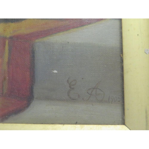 76 - E.A. Study of a dog resting on a step, signed with initials and dated 1905 lower right, oil on canva... 