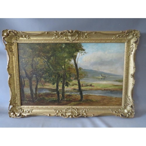 79 - ALEXANDER FRASER (XX). Scottish school, impressionist wooded lock scene with figure and castle ruins... 