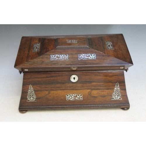 802 - A LARGE ANGULAR TEA CADDY WITH MOTHER OF PEARL INLAY, sat on four turned feet, W 34 cm