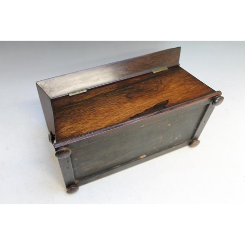 802 - A LARGE ANGULAR TEA CADDY WITH MOTHER OF PEARL INLAY, sat on four turned feet, W 34 cm