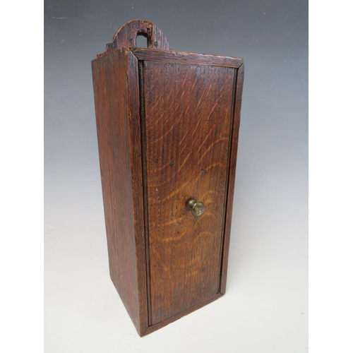 804 - A 19TH CENTURY OAK HANGING CANDLE BOX, H 16 cm, W 11 cm, D 10 cm