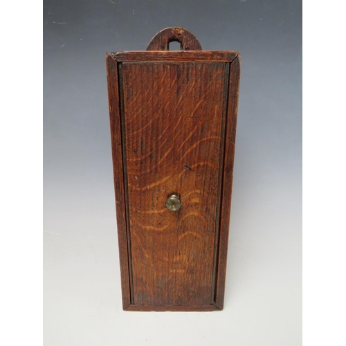 804 - A 19TH CENTURY OAK HANGING CANDLE BOX, H 16 cm, W 11 cm, D 10 cm