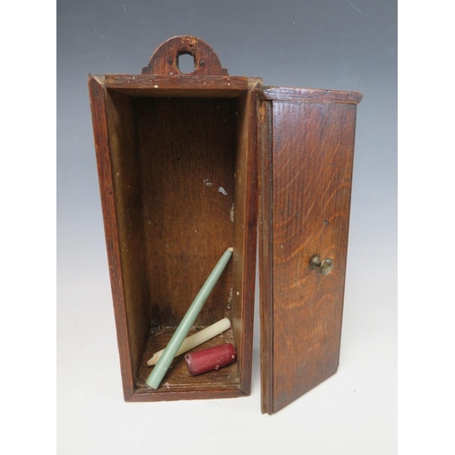 804 - A 19TH CENTURY OAK HANGING CANDLE BOX, H 16 cm, W 11 cm, D 10 cm