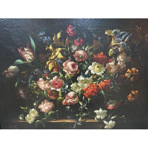 83 - (XX). Continental school, still life study of numerous flowers on a table, unsigned, oil on canvas, ... 