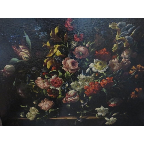 83 - (XX). Continental school, still life study of numerous flowers on a table, unsigned, oil on canvas, ... 