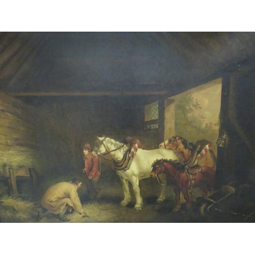 85 - (XIX). British school, barn interior with horses and figures, unsigned, oil on canvas, framed, 58 x ... 