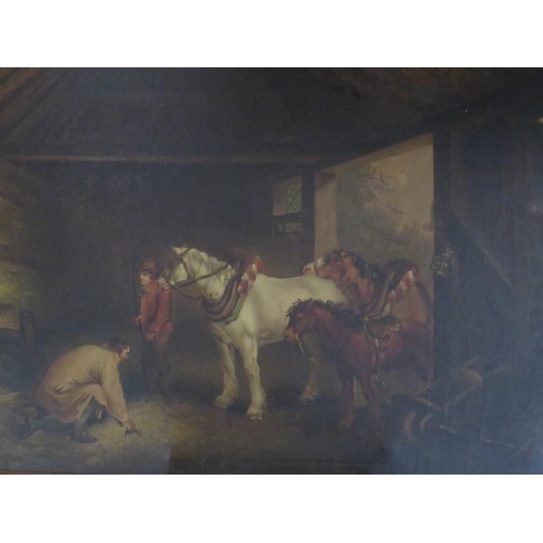 85 - (XIX). British school, barn interior with horses and figures, unsigned, oil on canvas, framed, 58 x ... 