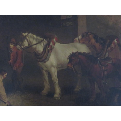 85 - (XIX). British school, barn interior with horses and figures, unsigned, oil on canvas, framed, 58 x ... 