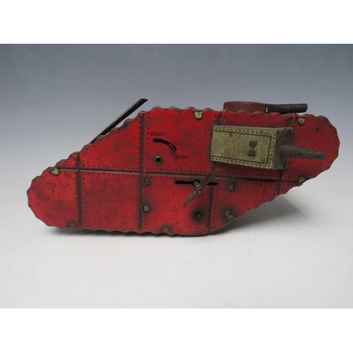 883 - A VINTAGE TINPLATE CLOCKWORK FIRST WORLD WAR TANK, with figure inside, L 24 cm