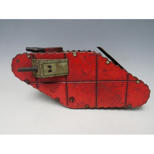 883 - A VINTAGE TINPLATE CLOCKWORK FIRST WORLD WAR TANK, with figure inside, L 24 cm