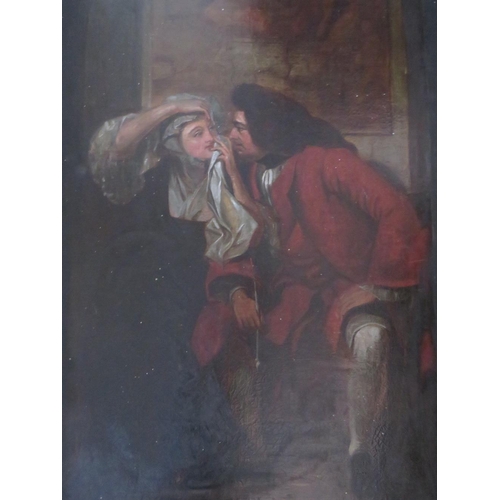 89 - (XIX). Interior scene with seated lady and gentleman, unsigned, oil on canvas, unframed, 87 x 61 cm