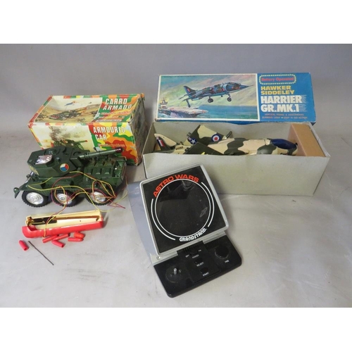 897 - A VINTAGE BOXED ELECTRICALLY DRIVEN ARMOURED CAR BY SANCHIS, a vintage battery operated Hawker Sidde... 