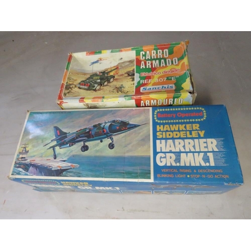 897 - A VINTAGE BOXED ELECTRICALLY DRIVEN ARMOURED CAR BY SANCHIS, a vintage battery operated Hawker Sidde... 