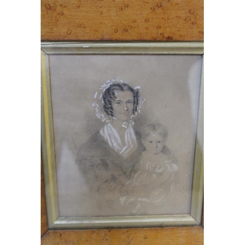9 - (XIX). Portrait study of a seated woman and child, unsigned, pencil heightened with white framed in ... 