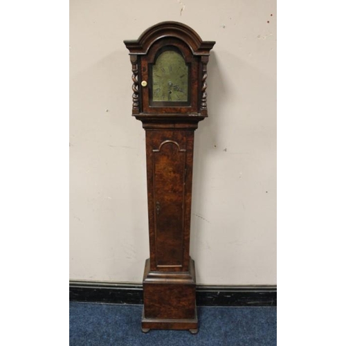 901 - AN EARLY 20TH CENTURY SMALL WALNUT CASED GRAND DAUGHTER CLOCK, having arched brass dial bearing name... 